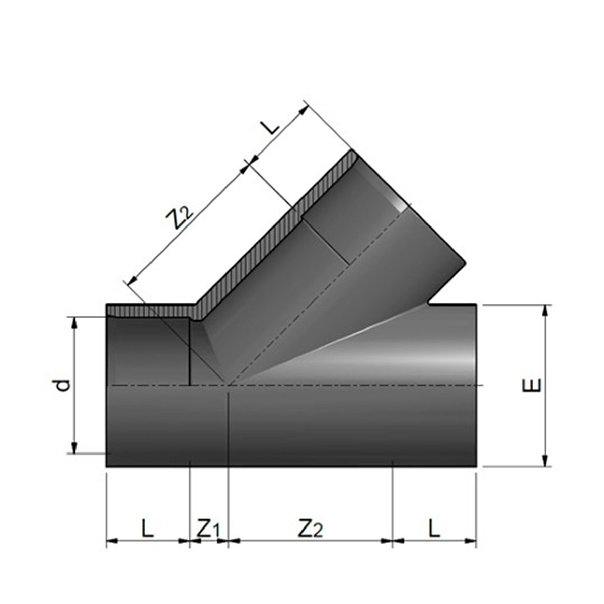 PVC-T-Stück 45°, zum Kleben, grau