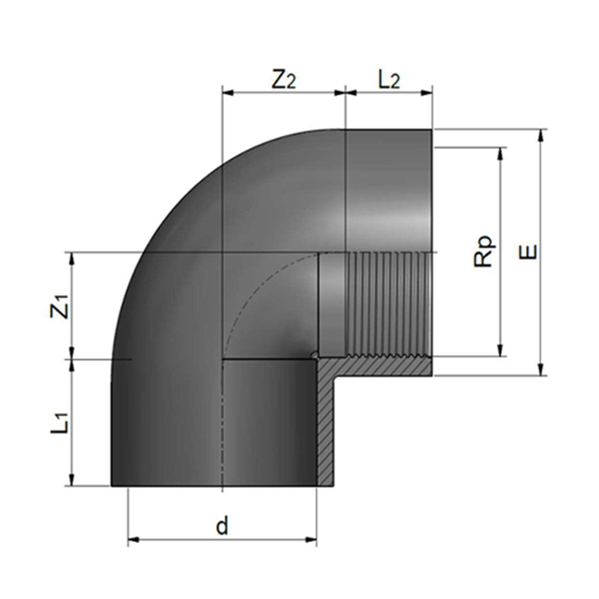 PVC-Winkel 90°, Kleben+Gewinde IG, grau